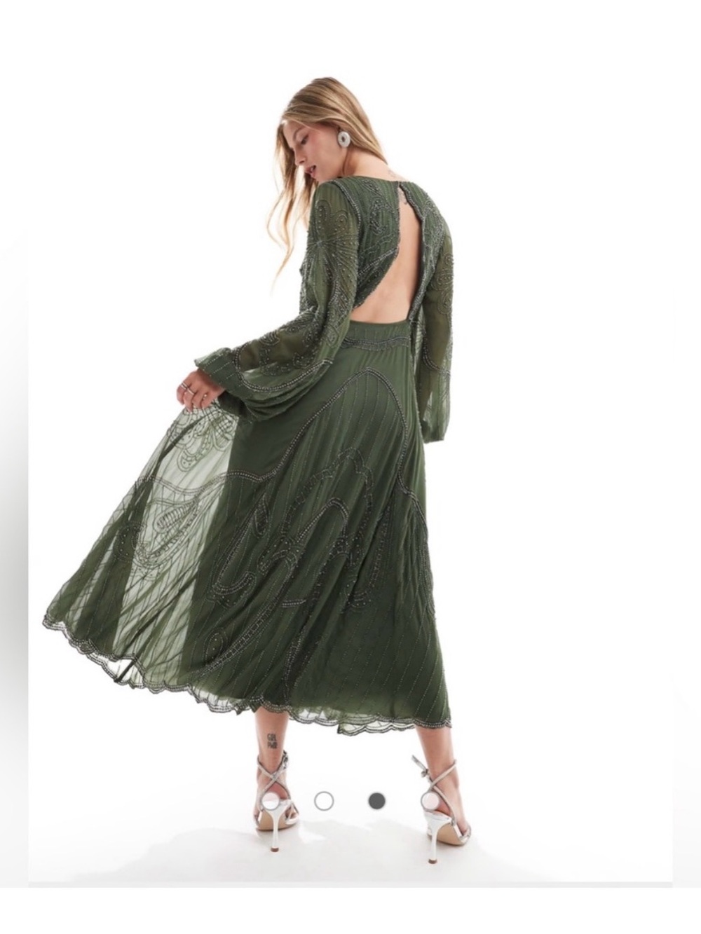 ASOS Women's Green Embellished Long Sleeve Cut Out Midi Dress - Olive Green